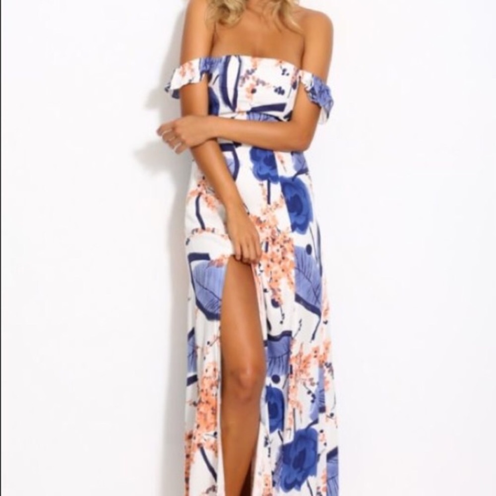 Off the shoulder high slit maxi dress